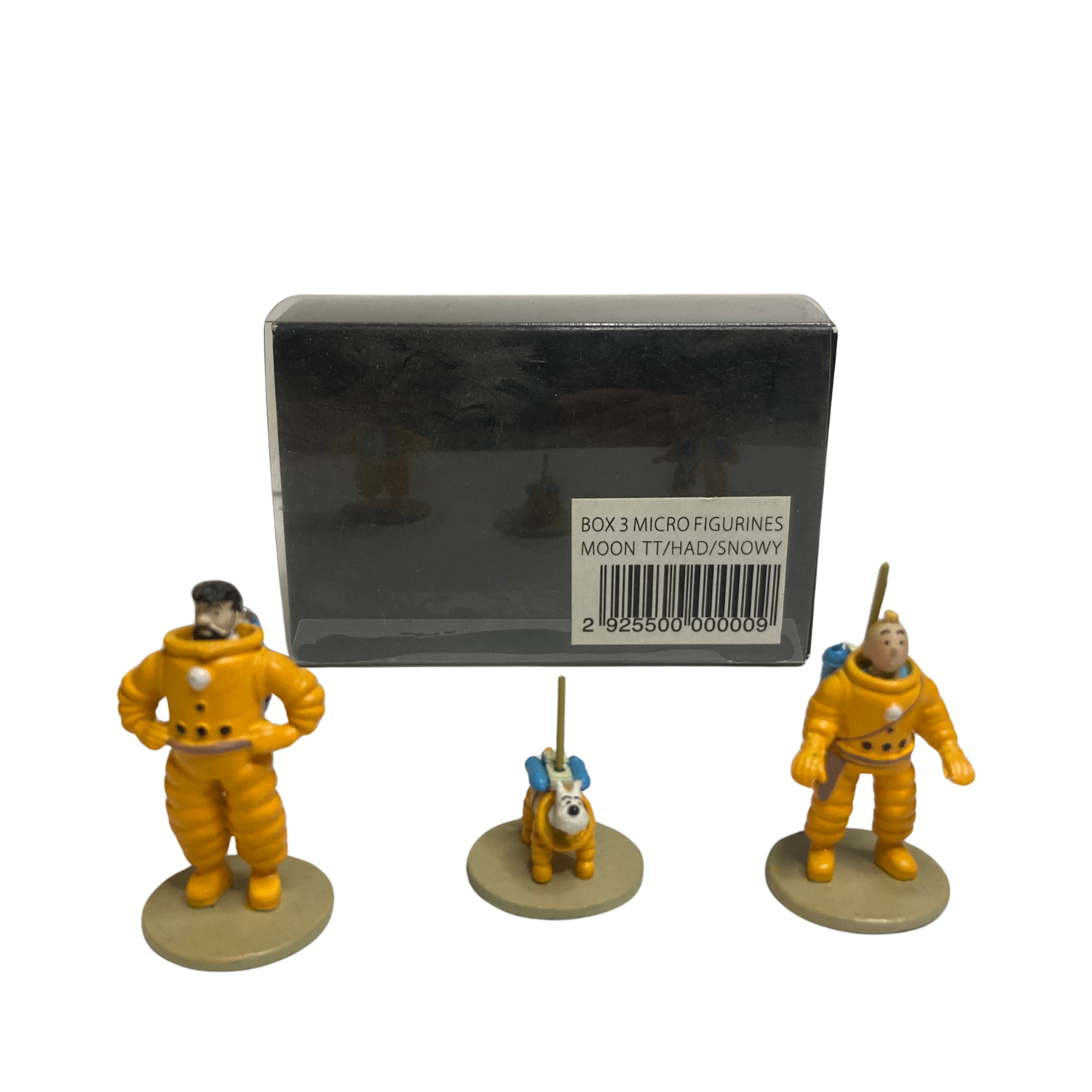 Coffret Tintin Lune Espace714 avec figurines et accessoires dans une boîte illustrée de Tintin et la lune