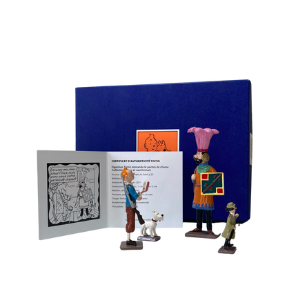 Image de Tintin demandant le permis de chasse, illustrant une scène de la bande dessinée Tintin, publiée par Espace714.