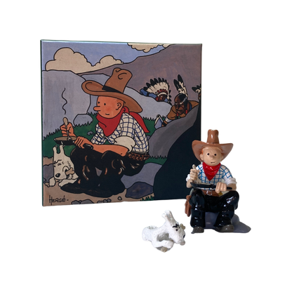 Illustration de Tintin en Amérique, personnage de la bande dessinée, avec des détails colorés et un style graphique.