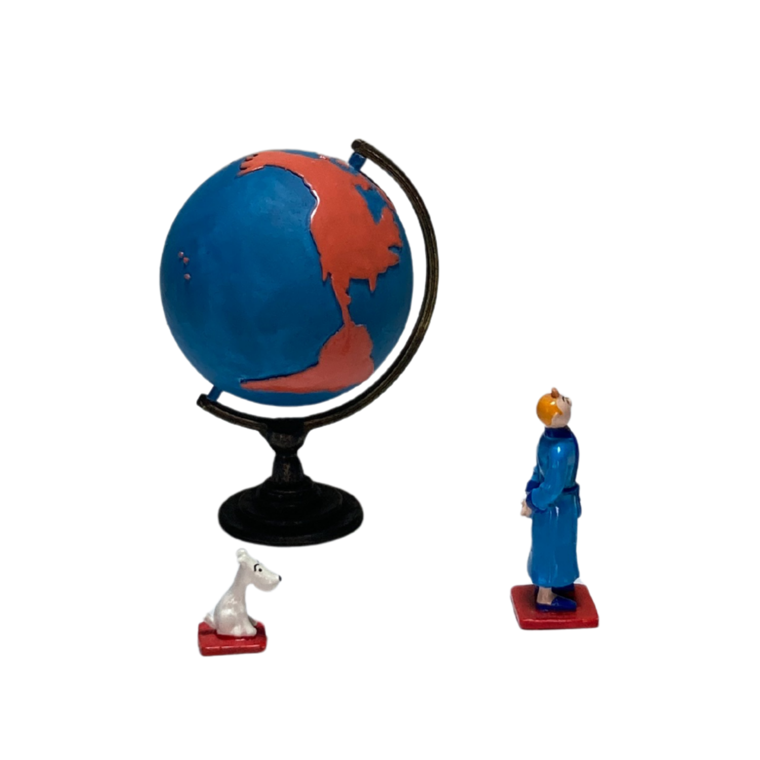 Carte du monde illustrée avec Tintin et Milou, en affiche colorée de Espace714, représentant une mappemonde animée et détaillée.