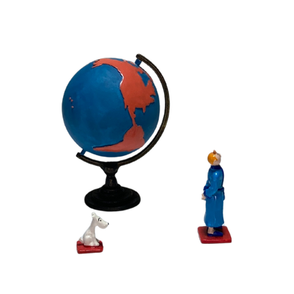 Carte du monde illustrée avec Tintin et Milou, en affiche colorée de Espace714, représentant une mappemonde animée et détaillée.