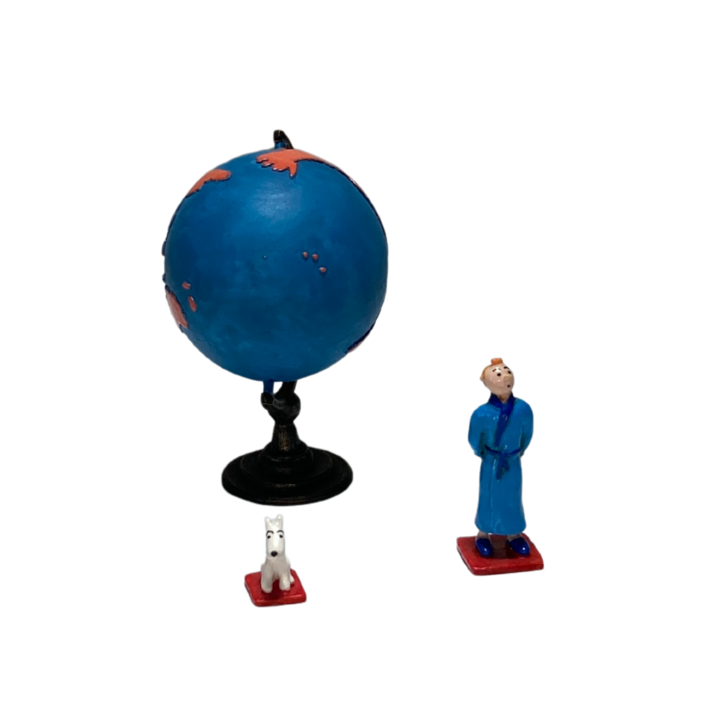 Carte du monde illustrée avec Tintin et Milou, en style coloré, pour produit Tintin et Milou Mappemonde d'Espace714