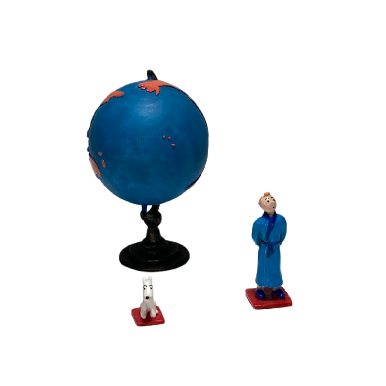 Carte du monde illustrée avec Tintin et Milou, en style coloré, pour produit Tintin et Milou Mappemonde d'Espace714