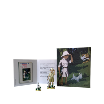 Illustration de Tintin et Milou au Congo, bande dessinée de la série Tintin, avec Tintin en exploration et Milou à ses côtés.