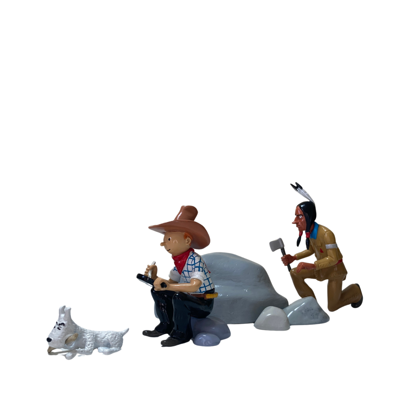 Image de Tintin et Milou en Amérique avec un Indien, illustration colorée de la bande dessinée Tintin par Espace714.