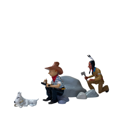 Image de Tintin et Milou en Amérique avec un Indien, illustration colorée de la bande dessinée Tintin par Espace714.