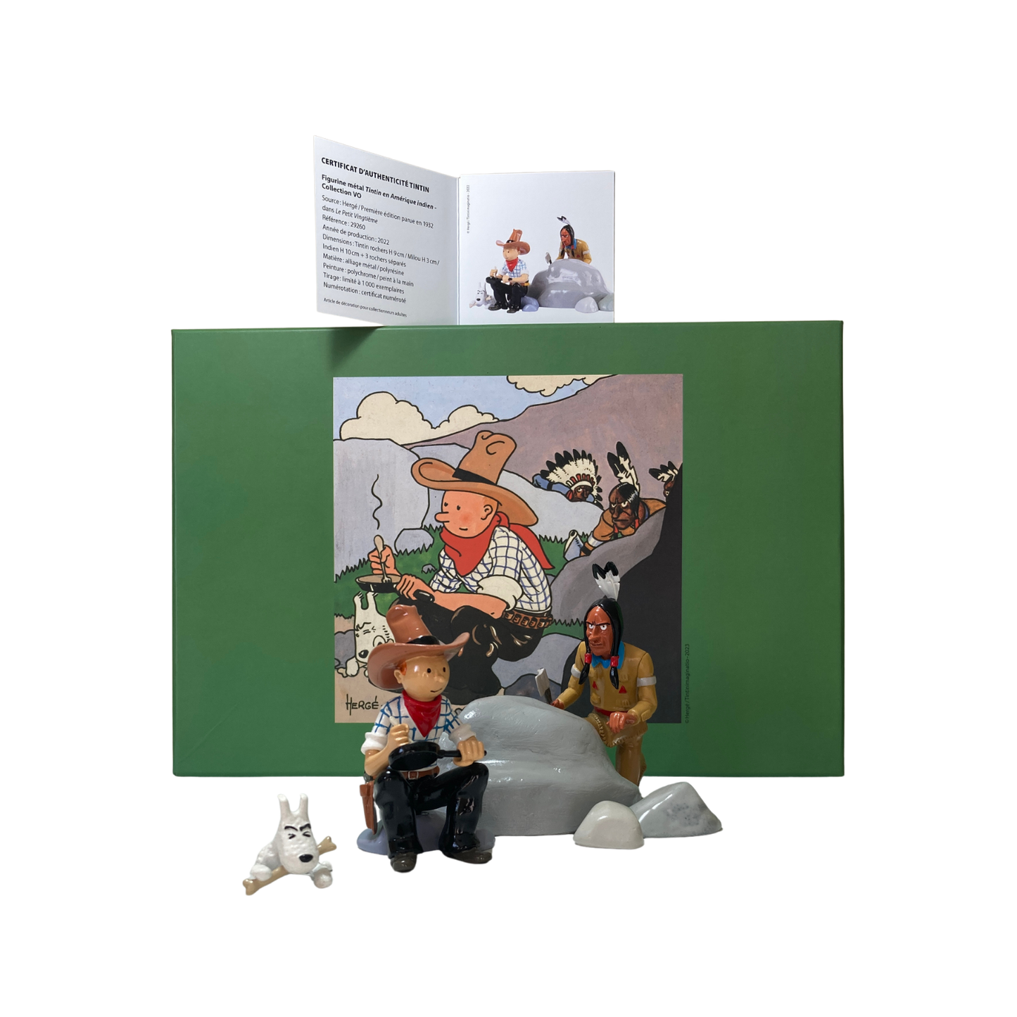 Illustration de Tintin et Milou en Amérique avec un Indien, dessin coloré dans le style de la bande dessinée.