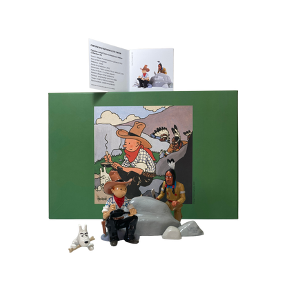 Illustration de Tintin et Milou en Amérique avec un Indien, dessin coloré dans le style de la bande dessinée.