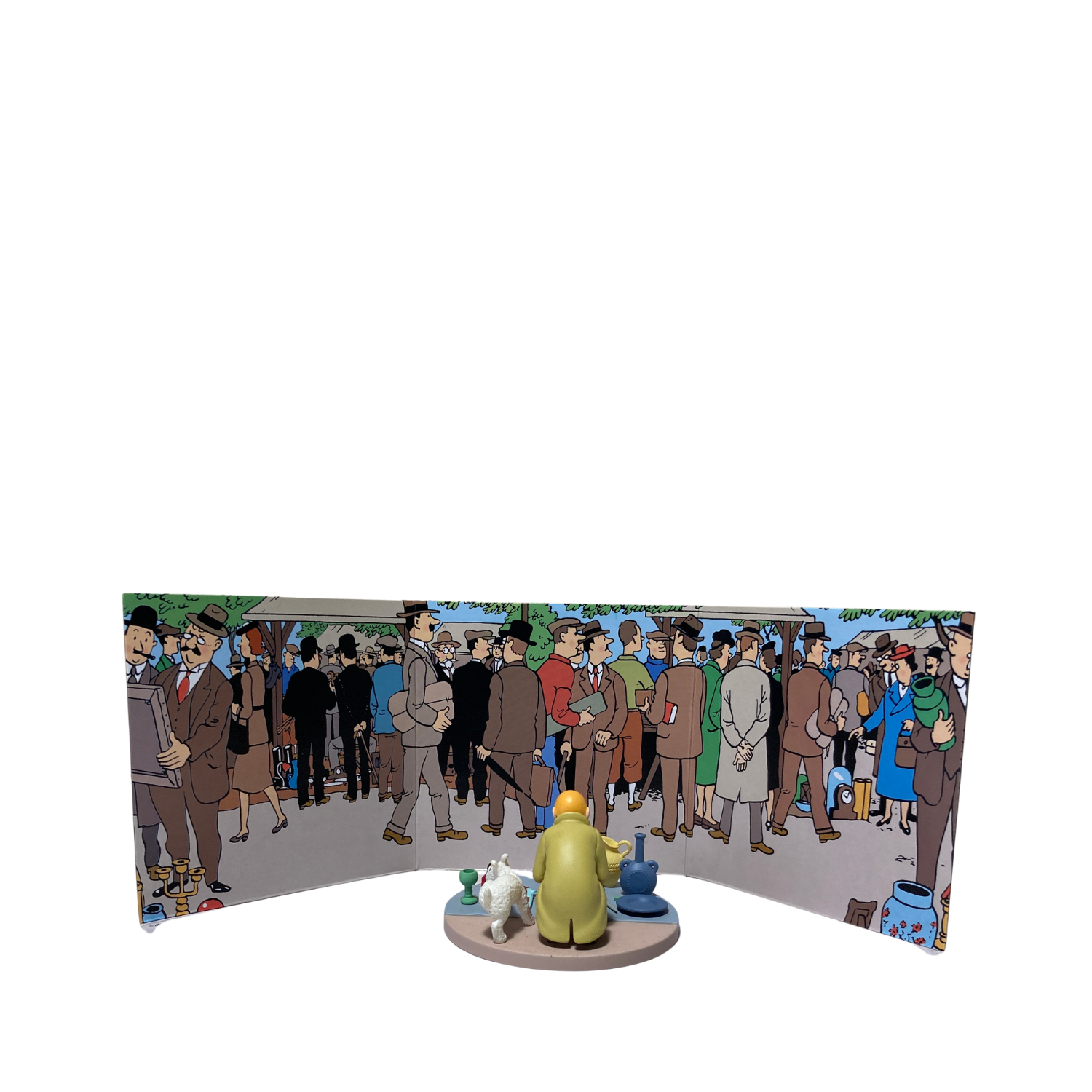 Figurine Tintin et Milou au marché aux puces, modèle de la collection Espace714, avec détails colorés et expressifs.