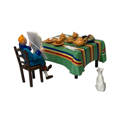 Petit-déjeuner Tintin avec personnage et accessoires, illustration colorée, produit de la marque Espace714.