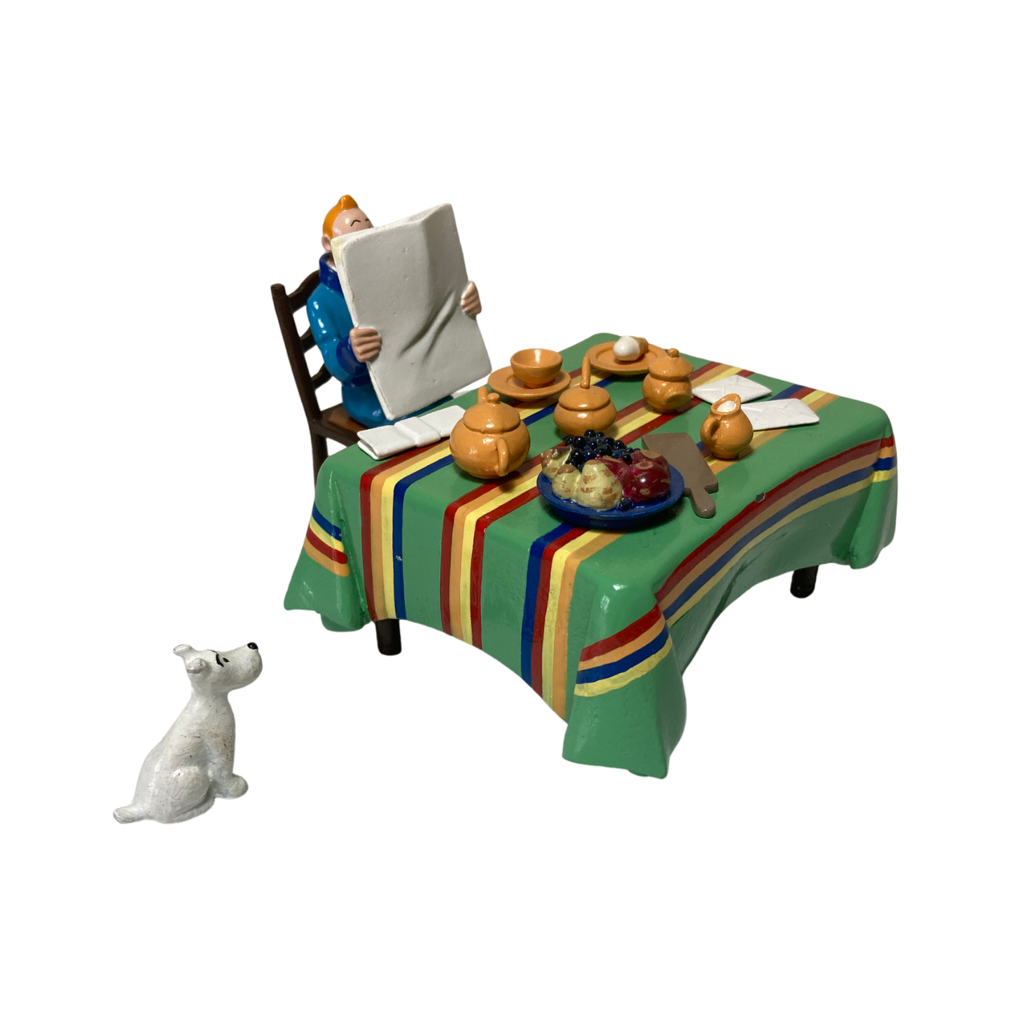 Assiette petit déjeuner Tintin Espace714 avec personnage de Tintin et accessoires pour le repas.