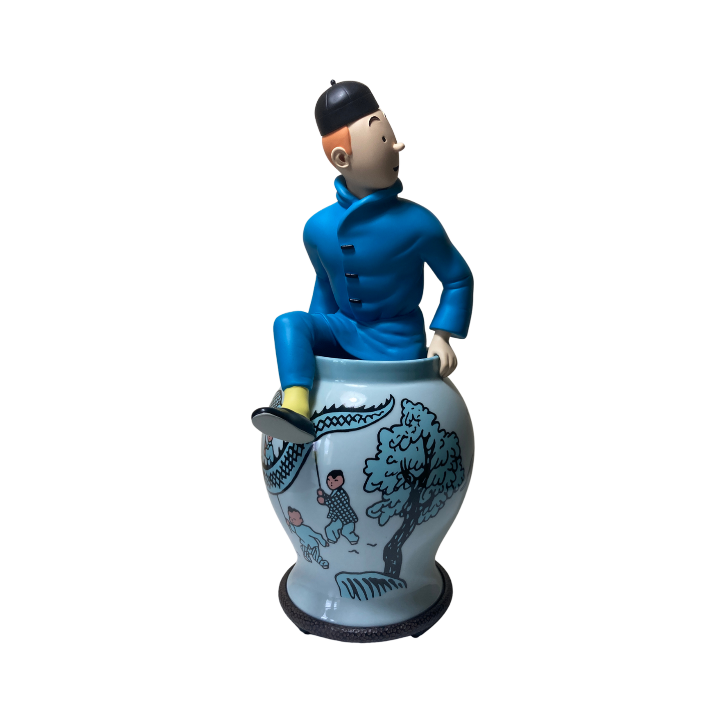 Statue de Tintin sortant d'une potiche en céramique, figurine de collection de la marque Espace714.