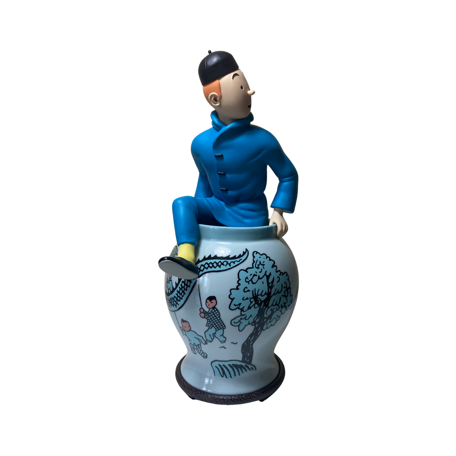 Statue de Tintin sortant d'une potiche en céramique, figurine de collection de la marque Espace714.