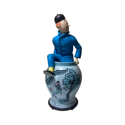 Statue de Tintin sortant d'une potiche en céramique, figurine de collection de la marque Espace714.