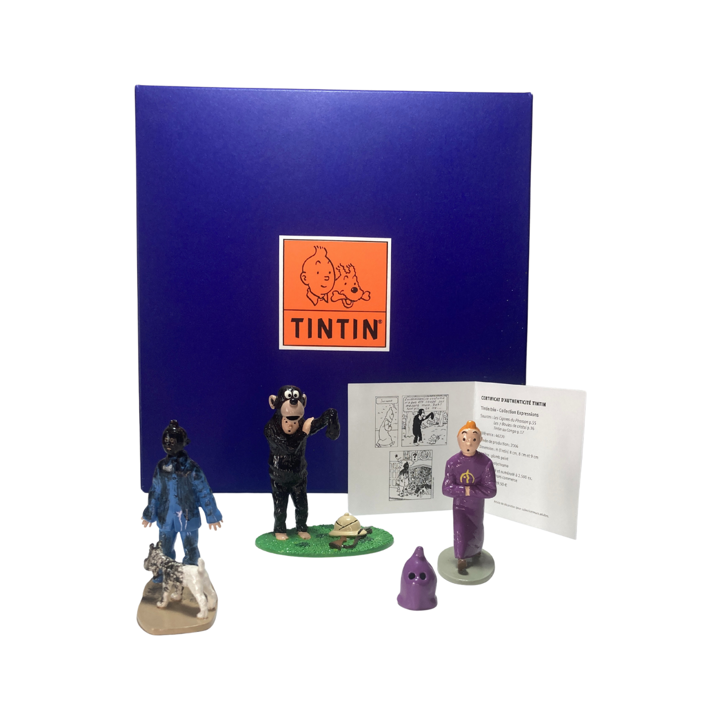 Trio Tintin, ensemble de trois figurines ou objets de collection de la marque Espace714, avec détails colorés et décoratifs