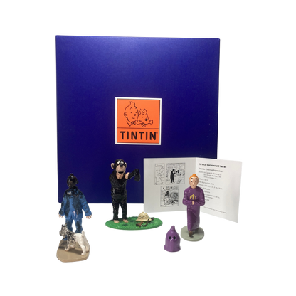 Trio Tintin, ensemble de trois figurines ou objets de collection de la marque Espace714, avec détails colorés et décoratifs